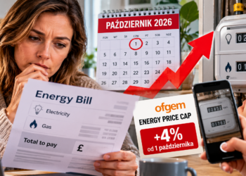 Ilustracja rachunku za energię, licznika i wzrostu Ofgem price cap od 1 października 2026
