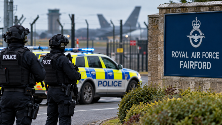 Ilustracja przedstawiająca działania policji przy RAF Fairford