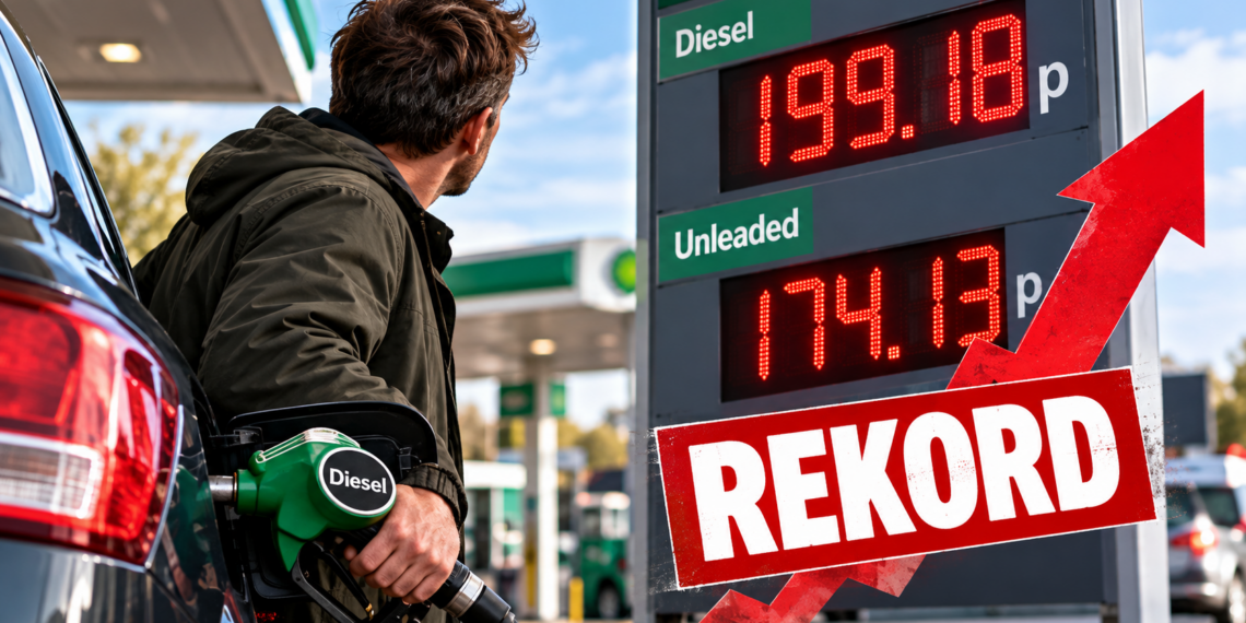 Kierowca tankujący diesel przy tablicy z rekordową ceną 199,18p za litr