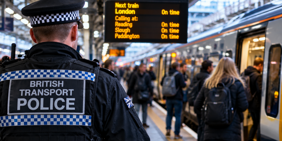British Transport Police na zatłoczonej stacji kolejowej w Wielkiej Brytanii