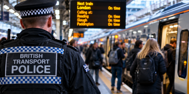 British Transport Police na zatłoczonej stacji kolejowej w Wielkiej Brytanii