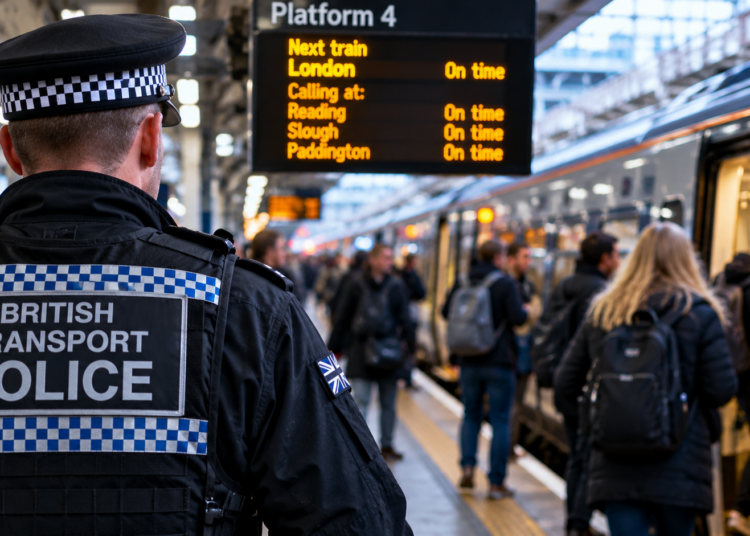 British Transport Police na zatłoczonej stacji kolejowej w Wielkiej Brytanii