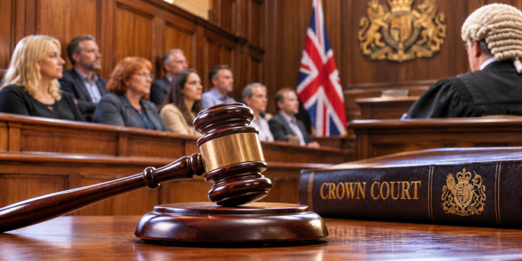 Ilustracja brytyjskiego Crown Court z ławą przysięgłych i młotkiem sędziowskim