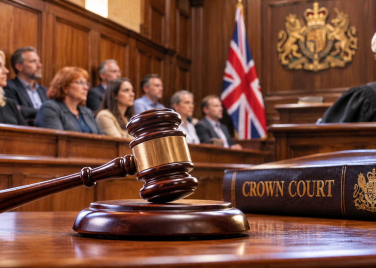 Ilustracja brytyjskiego Crown Court z ławą przysięgłych i młotkiem sędziowskim