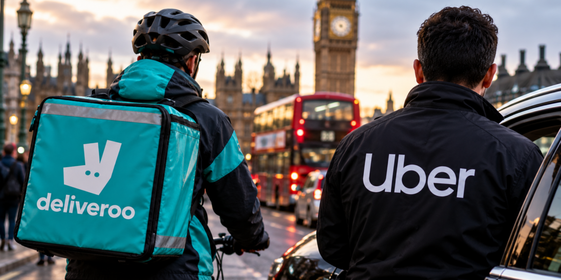 Kurier Deliveroo i kierowca Ubera w Londynie – ilustracja zmian dotyczących samozatrudnienia