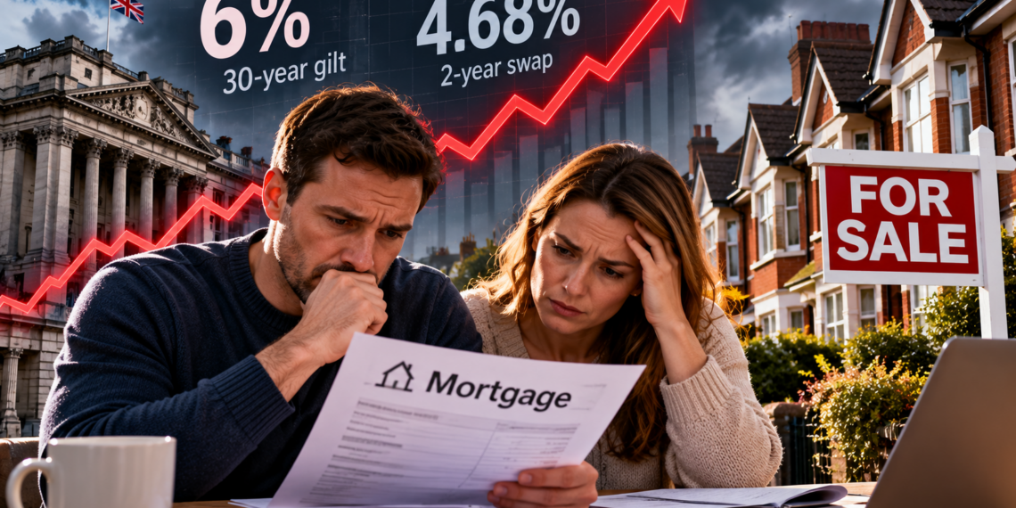 Para analizująca dokumenty mortgage na tle rosnących stóp i brytyjskiego rynku nieruchomości