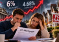 Para analizująca dokumenty mortgage na tle rosnących stóp i brytyjskiego rynku nieruchomości