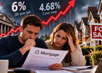 Para analizująca dokumenty mortgage na tle rosnących stóp i brytyjskiego rynku nieruchomości