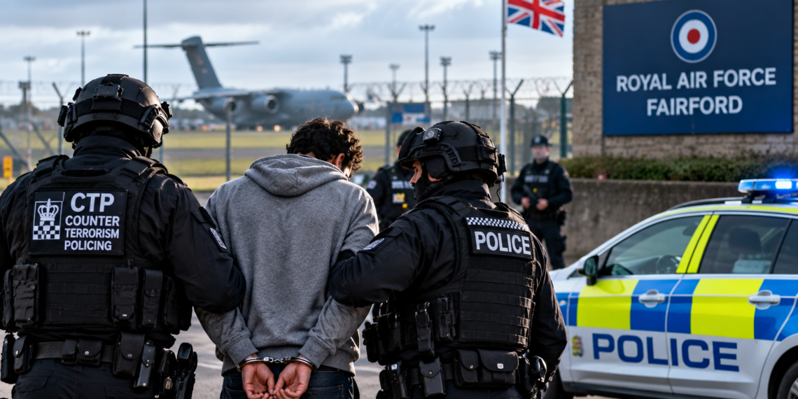 Ilustracja zatrzymania przez Counter Terrorism Policing przy RAF Fairford